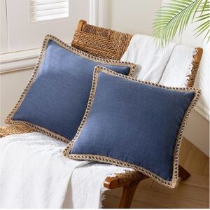Coastal Linen Blue Throw Pillows COVERS with Woven Burlap Trim